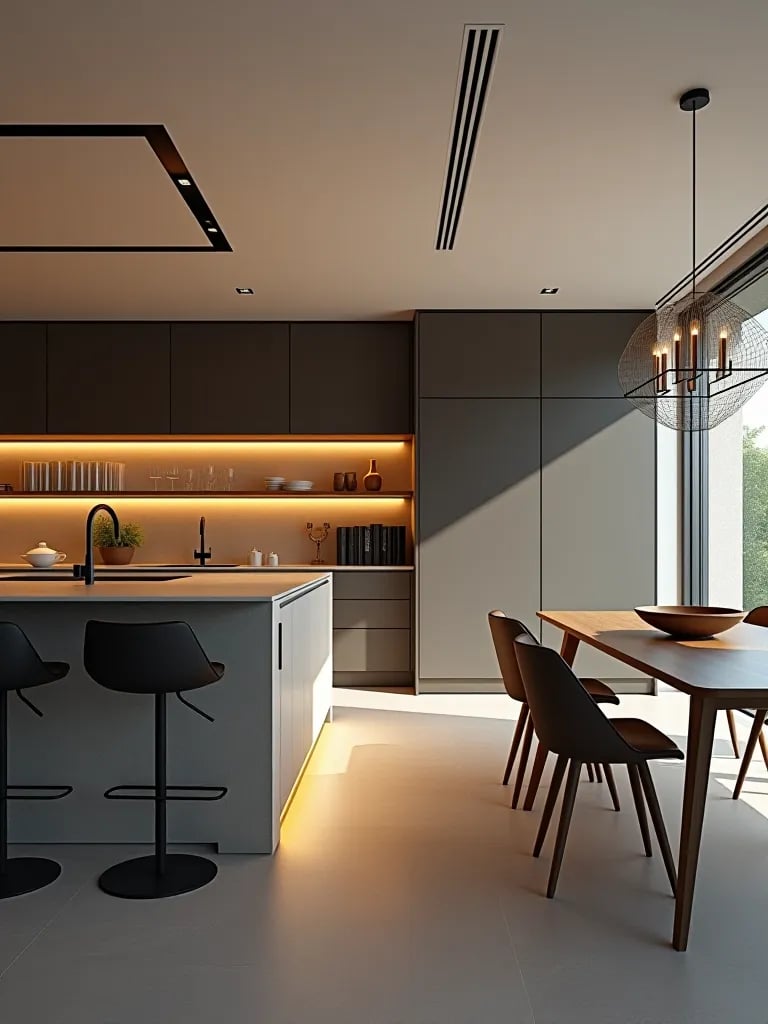 Contemporary kitchen island with bar stools and dining set