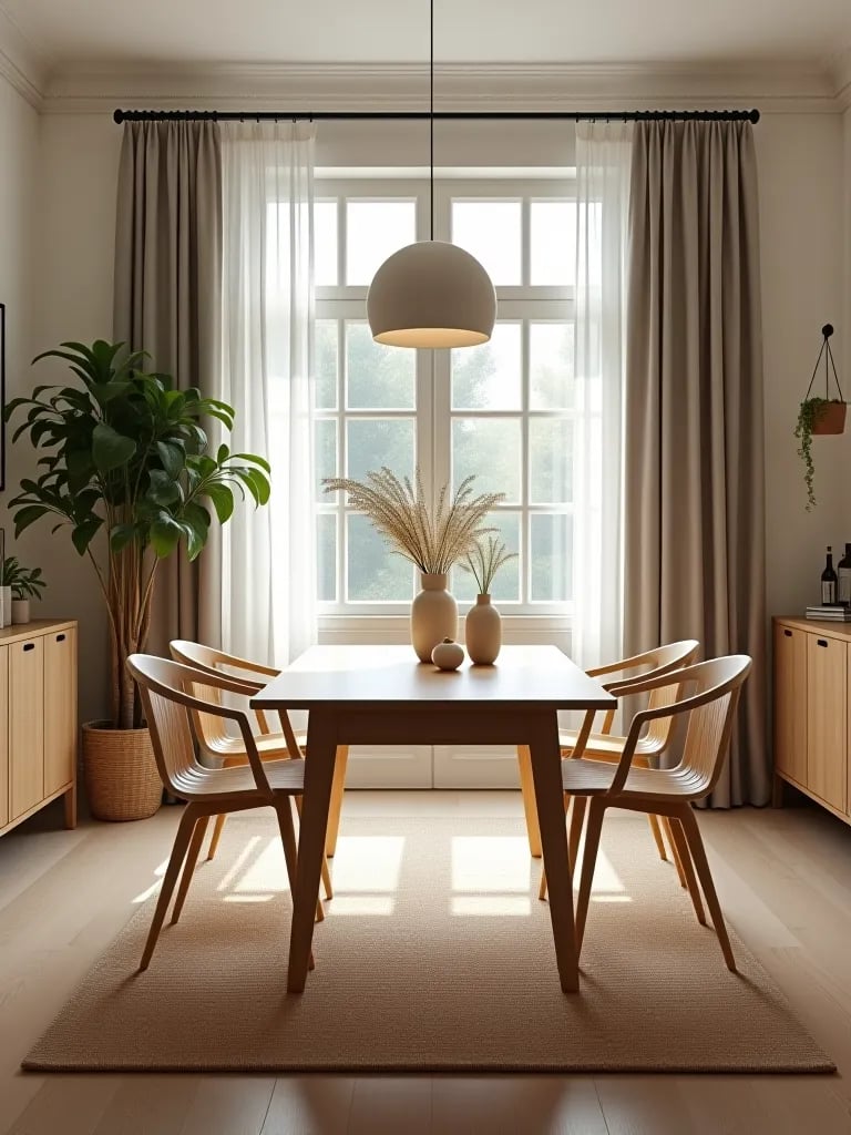 Cozy Scandinavian inspired contemporary dining room with wooden furniture