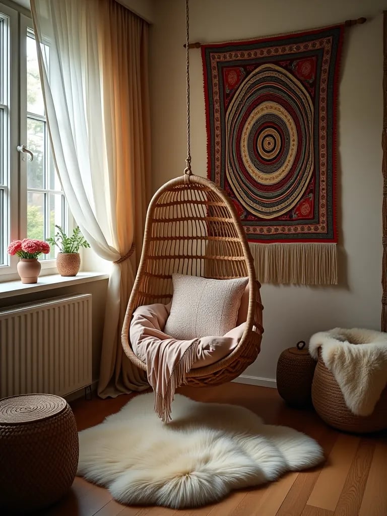 Cozy boho bedroom corner with sheepskin rug