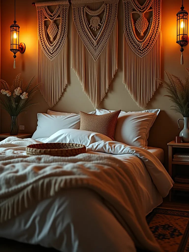 Cozy boho bedroom with macrame and layered rugs
