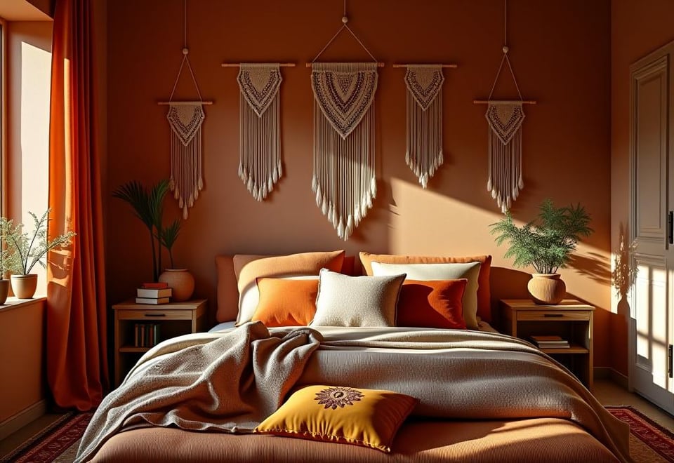 Cozy boho bedroom with terracotta walls and colorful textiles