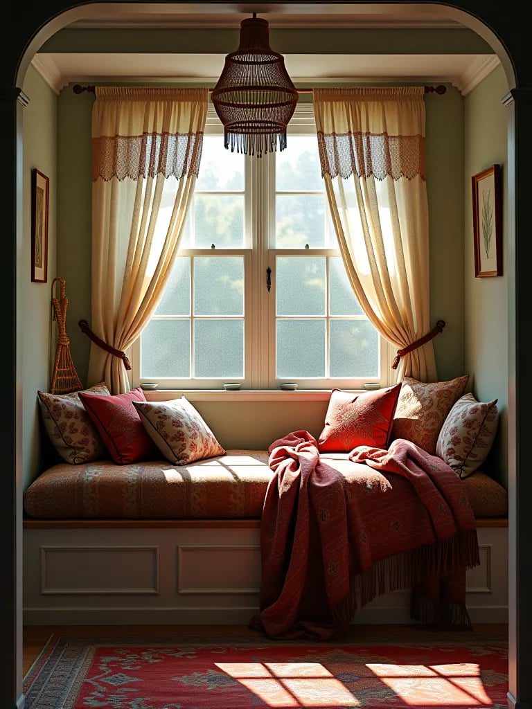 Cozy boho retreat with macramé curtains and cushions