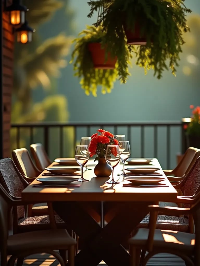 Cozy deck corner with hanging egg chair and plants