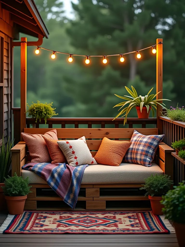Cozy deck corner with pallet daybed and string lights