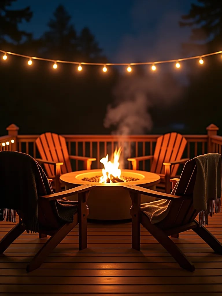 Cozy deck space with daybed, string lights, and tropical drink