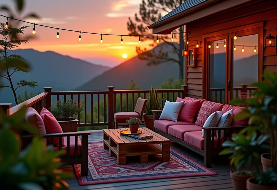 Cozy deck with DIY decor and string lights at sunset