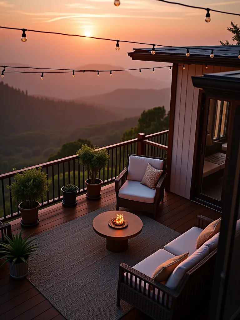 Cozy deck with comfortable seating and ambient lighting