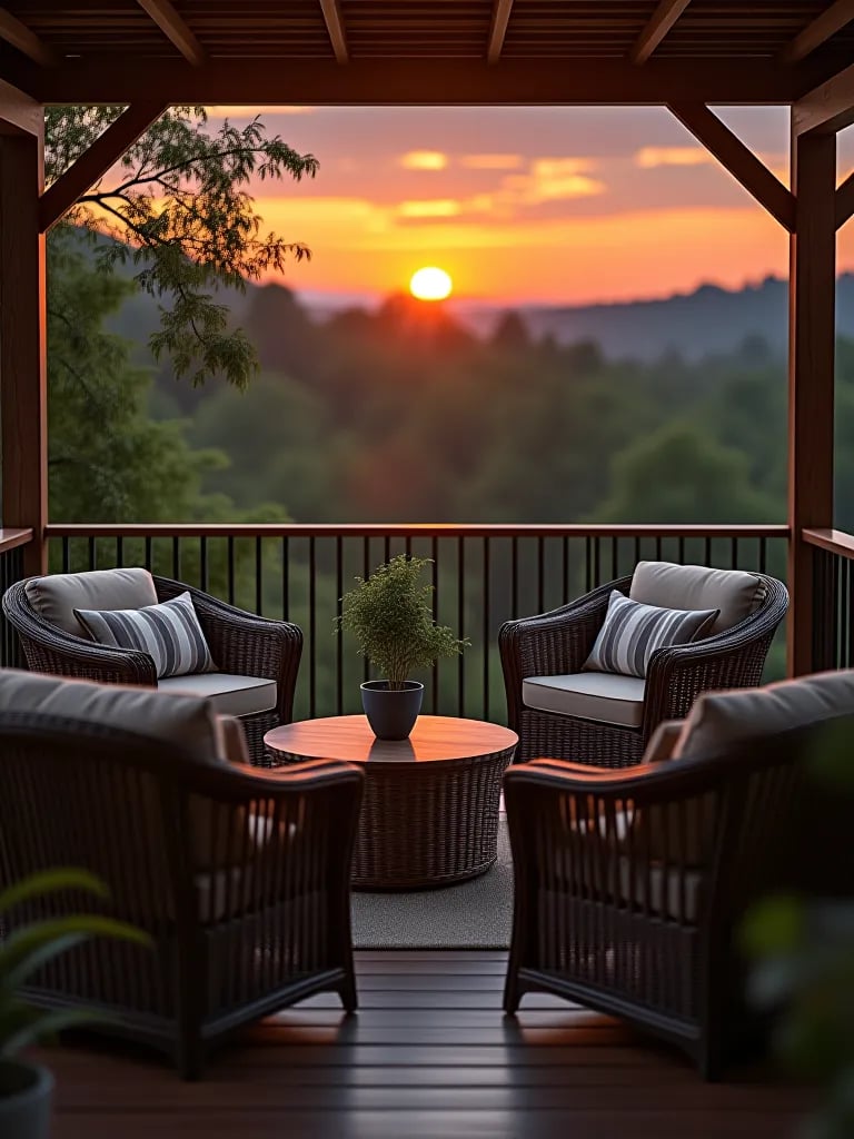 Cozy deck with wicker furniture at sunset