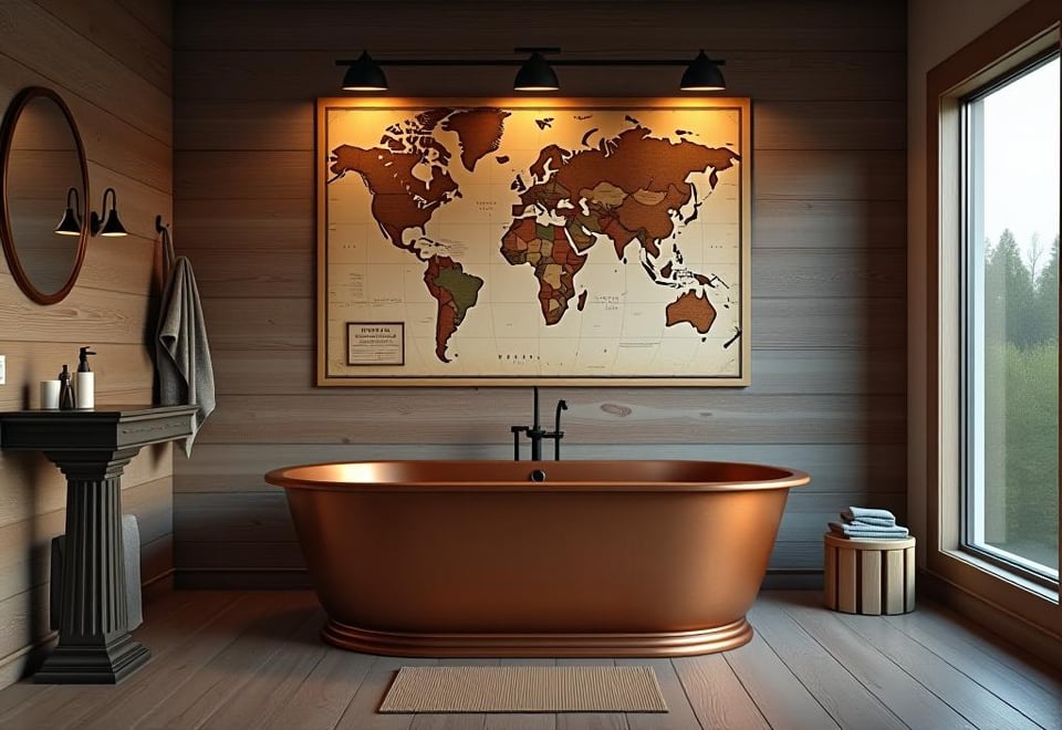 Cozy rustic bathroom with antique map wall decor