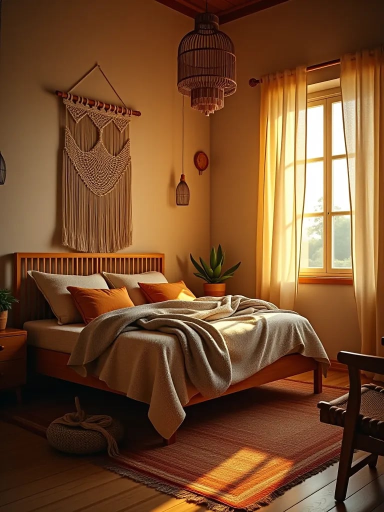 Cozy small boho bedroom with macrame and rattan accents