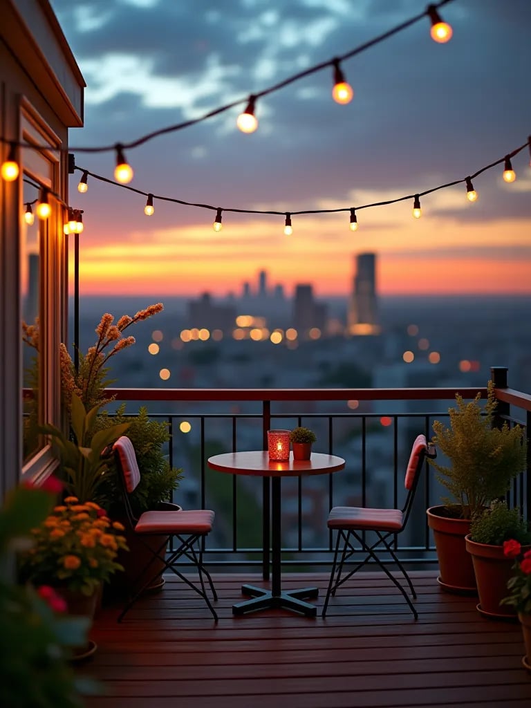 Cozy small deck with string lights and bistro set