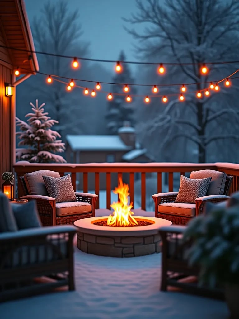 Cozy winter deck with fire pit and string lights
