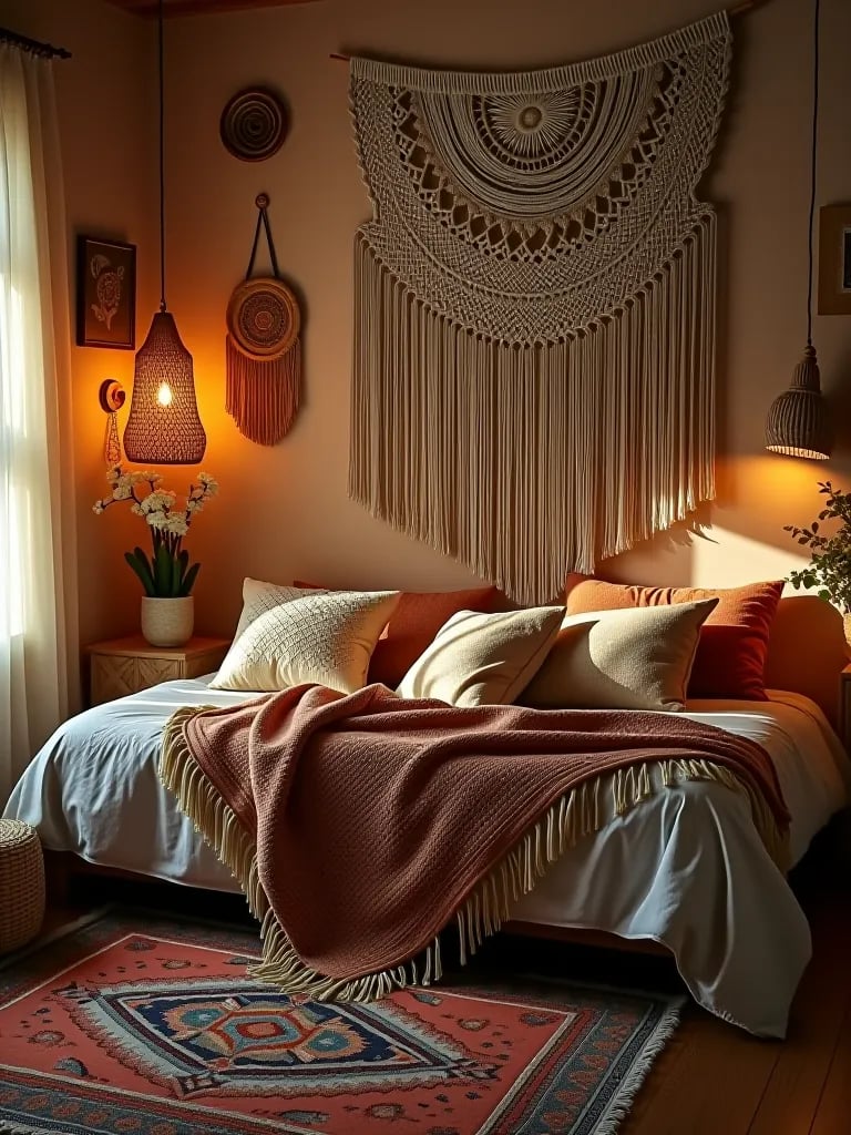 DIY boho bedroom with handmade macrame and layered rugs