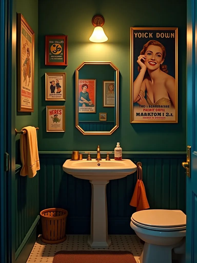 Dark green bathroom wall with eclectic art collection