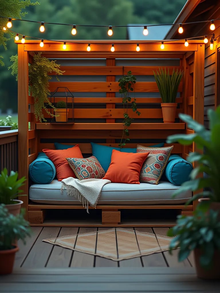 Deck dining area with mismatched chairs and rustic table