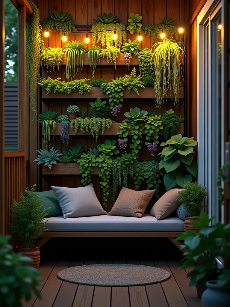 Deck railing with window boxes full of cascading flowers