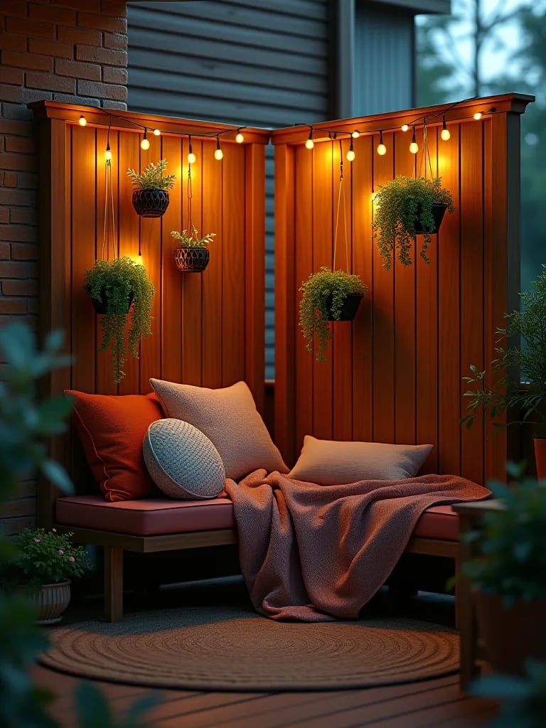 Deck with curved woven willow privacy fence