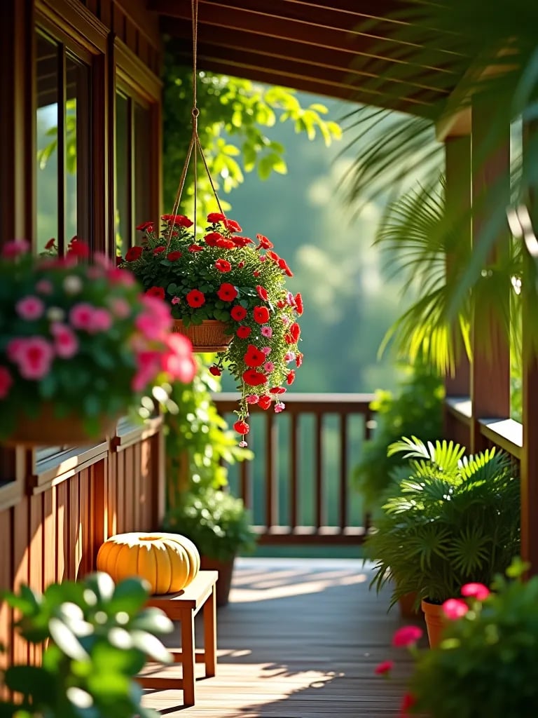Deck with hanging baskets and potted plants creating a green oasis