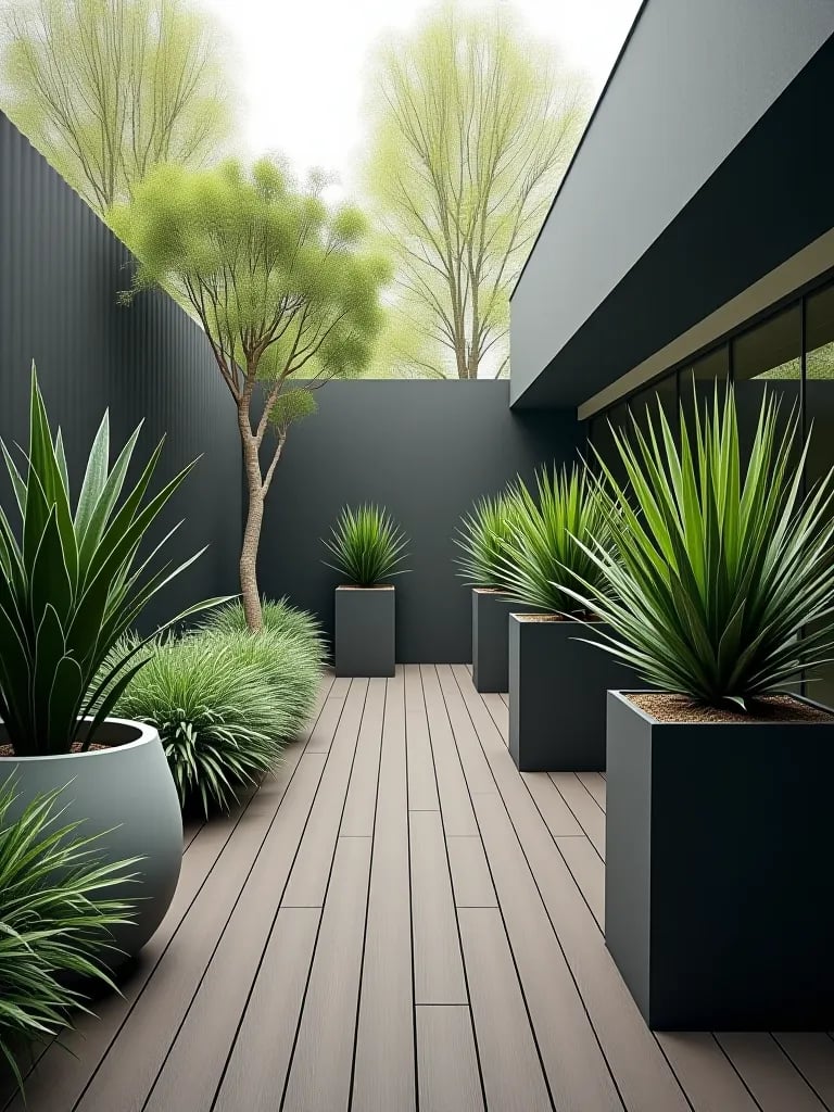 Deck with ornamental grass focal point at sunset