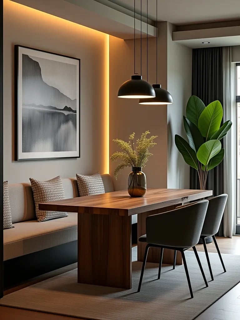 Dining room with built in banquette and wood table