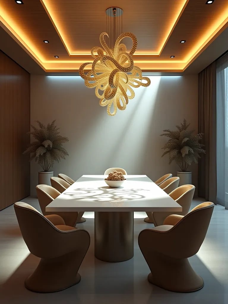 Dining room with chandelier and ambient lighting combination