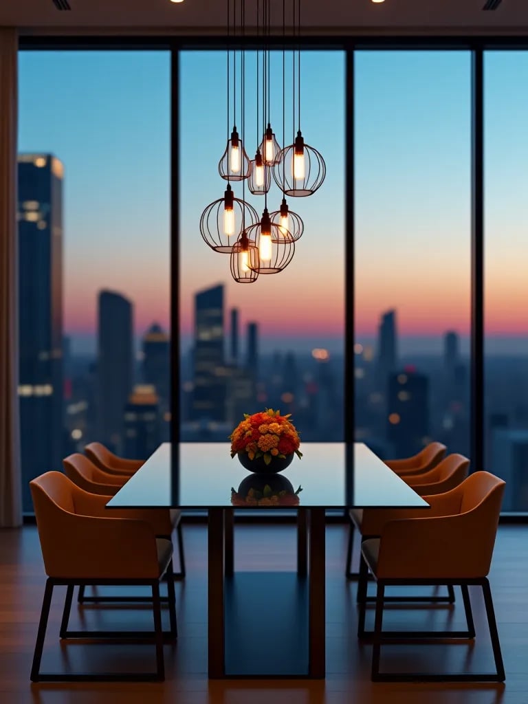 Dining room with pendant lights and city view