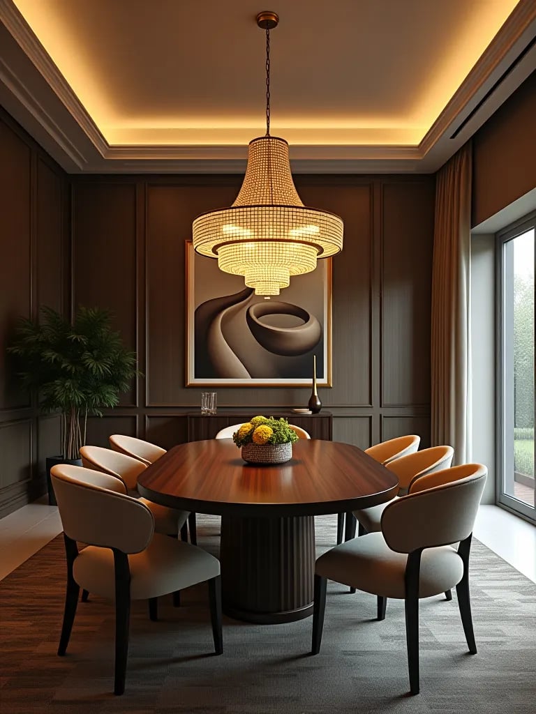 Dining room with recycled material chandelier