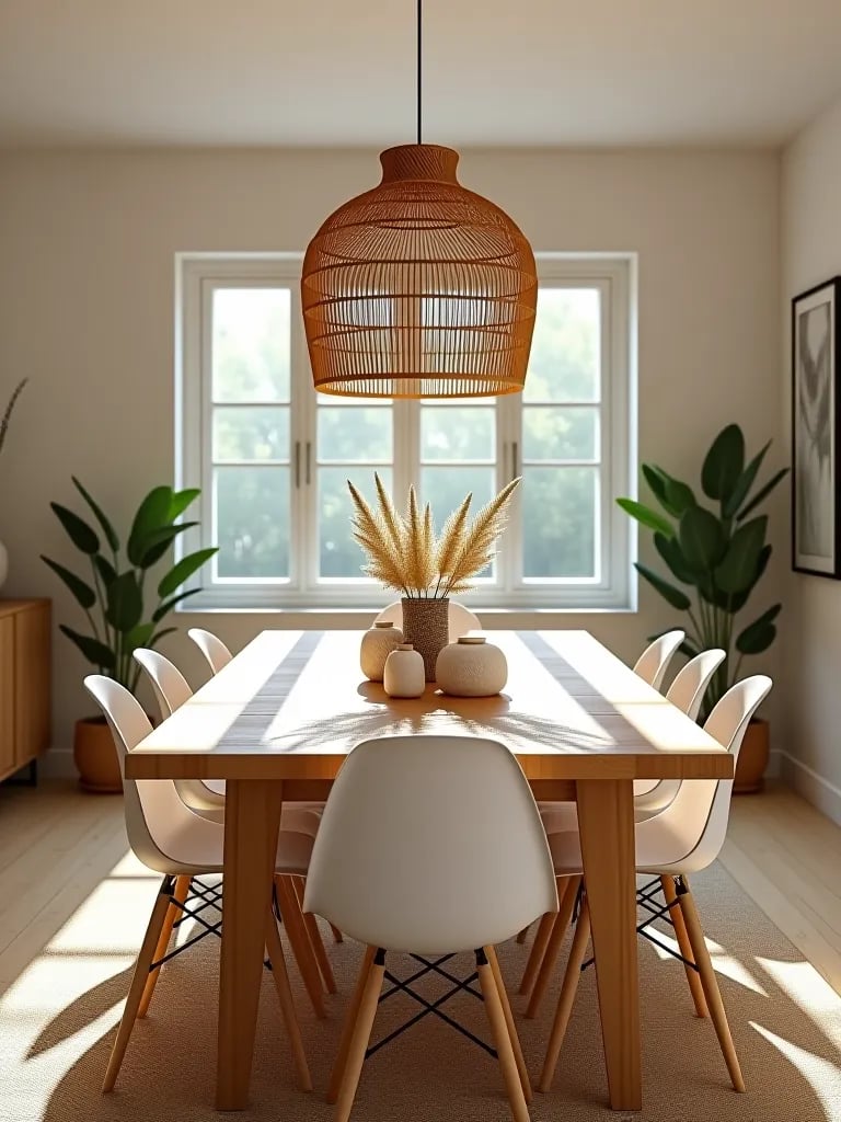 Dining room with textured pendant light casting patterns