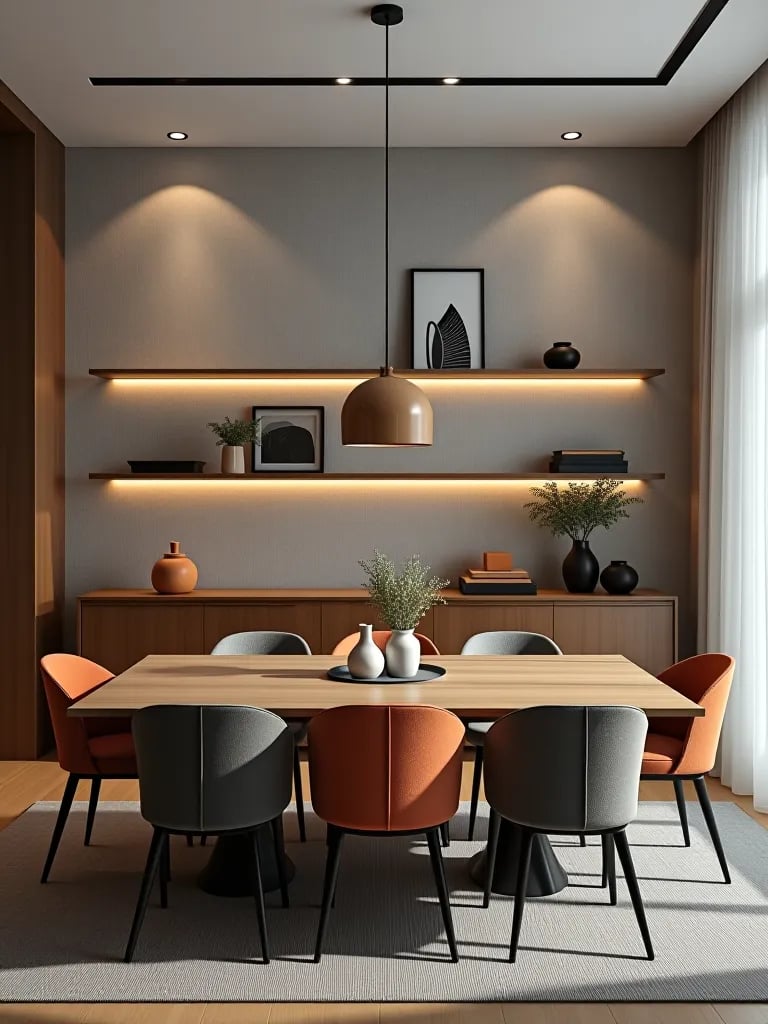 Dining room with textured wall and floating shelves