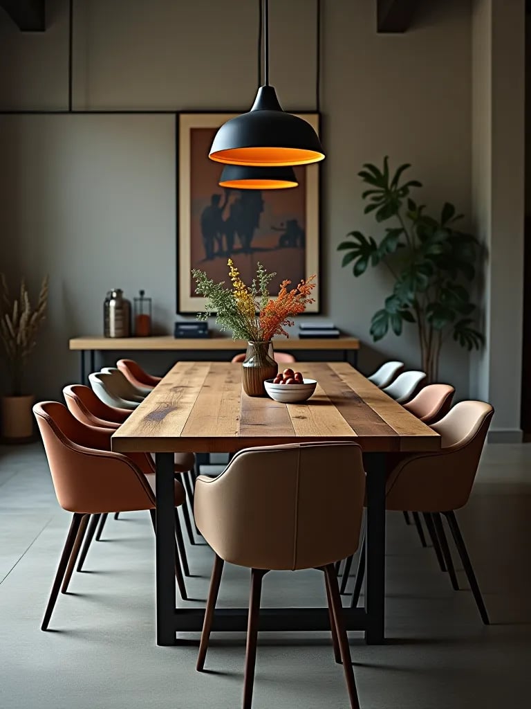 Dining room with upcycled metal and wood table