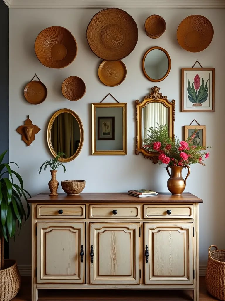 Distressed wooden dresser in boho bedroom