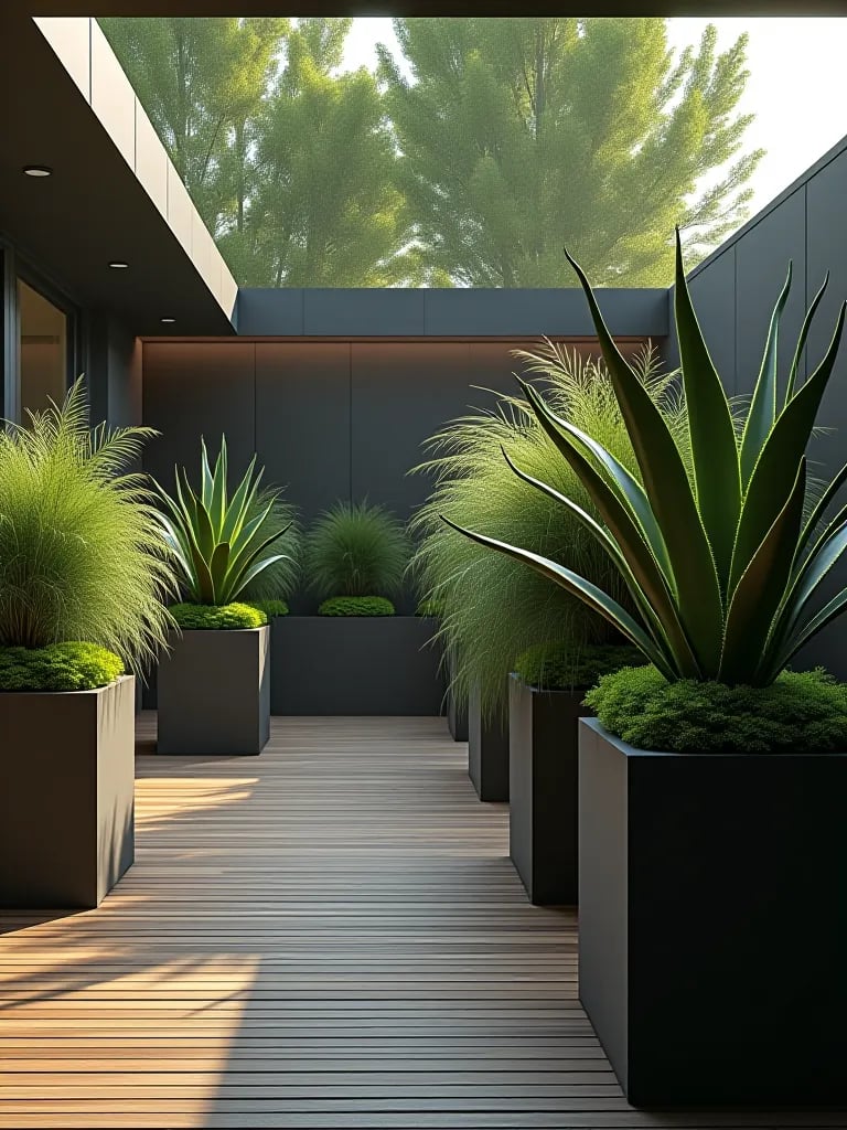 Dramatic ornamental grass display on a deck