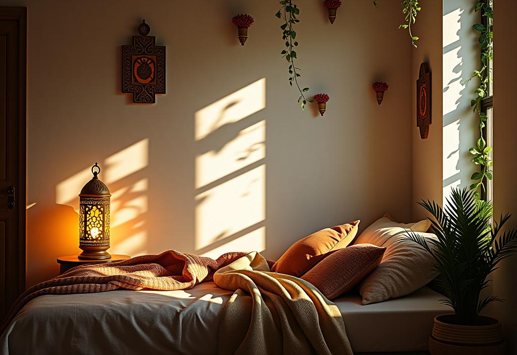 Dreamy boho bedroom with Moroccan lantern and shadows