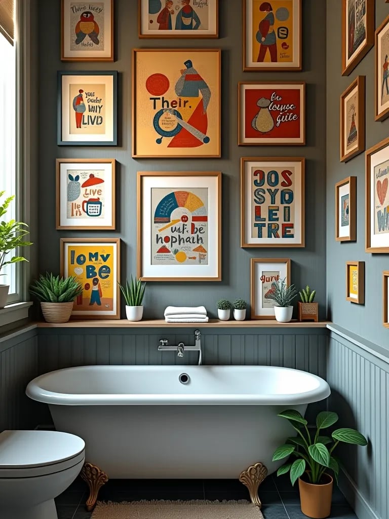 Eclectic bathroom gallery wall with colorful art and plants