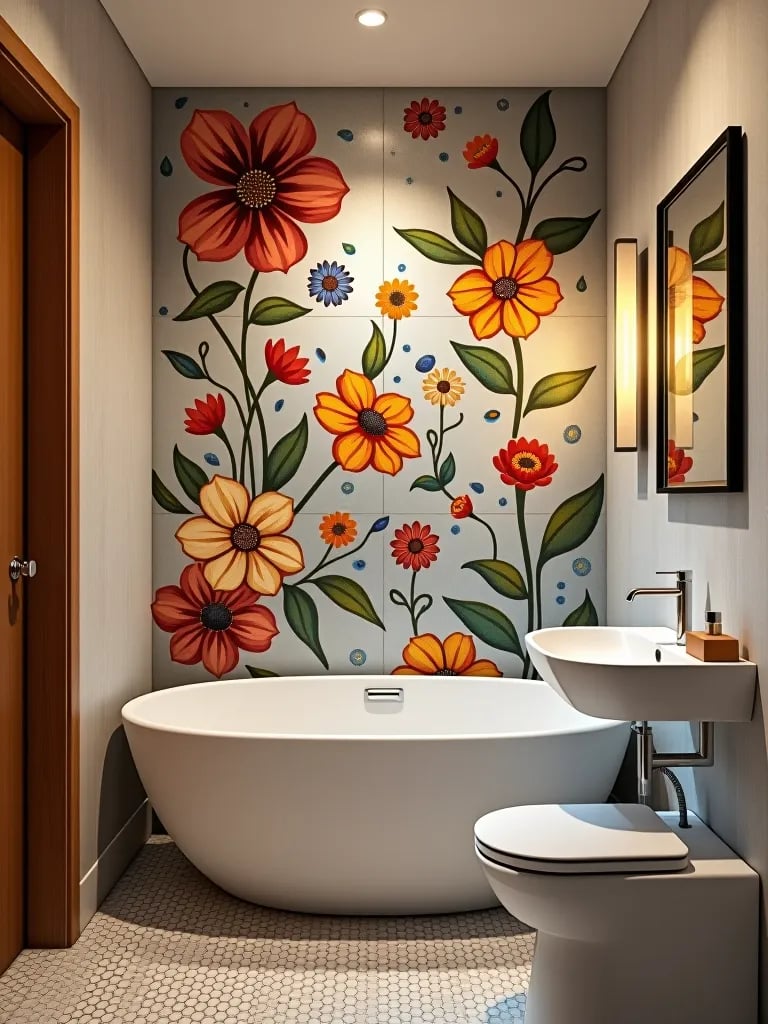 Eclectic bathroom with colorful mosaic tile mural