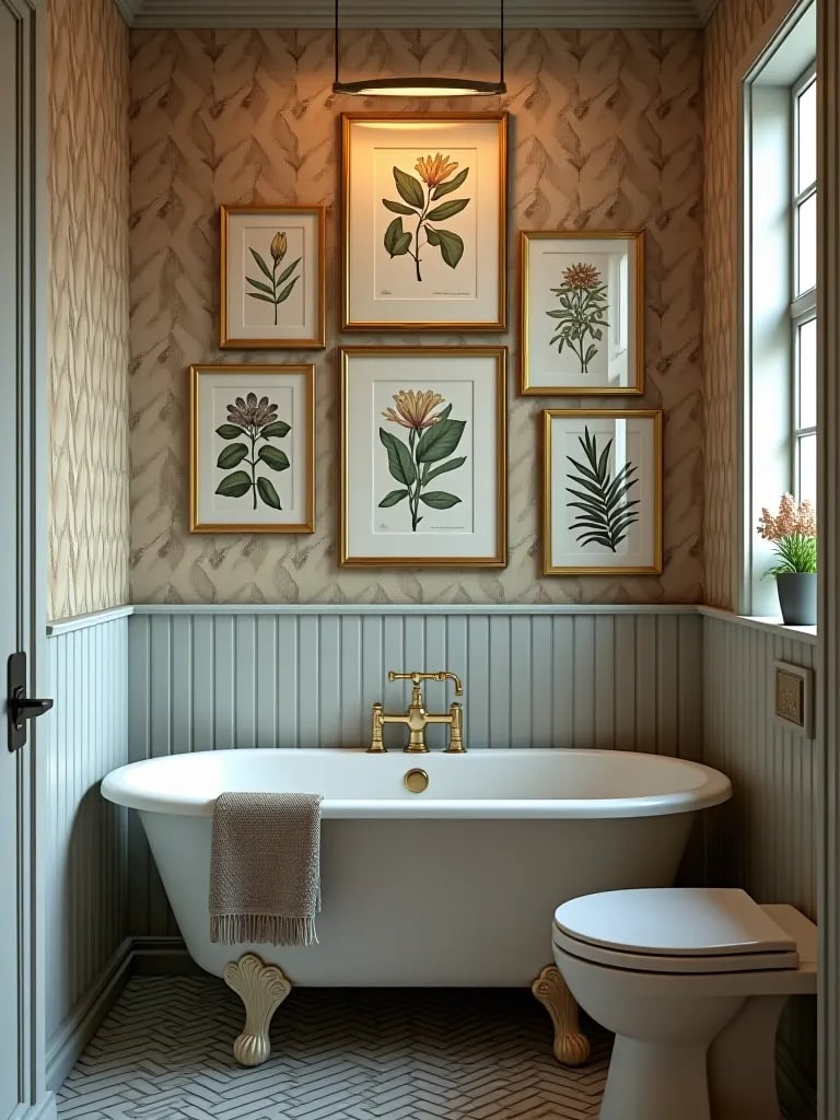 Eclectic bathroom with waterproof gallery wall