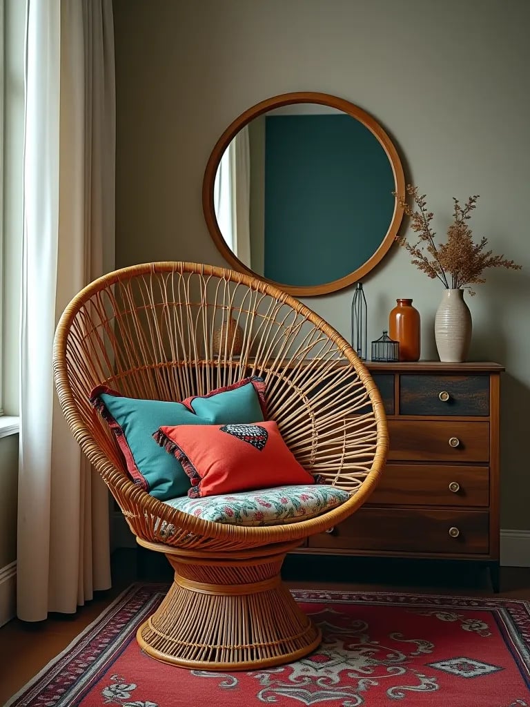 Eclectic boho bedroom with vintage chair and sustainable decor