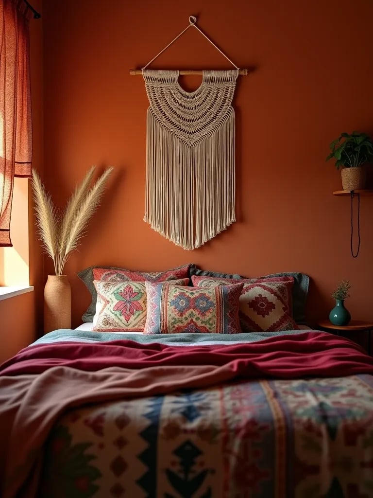 Eclectic boho bedroom with warm colors and patterns