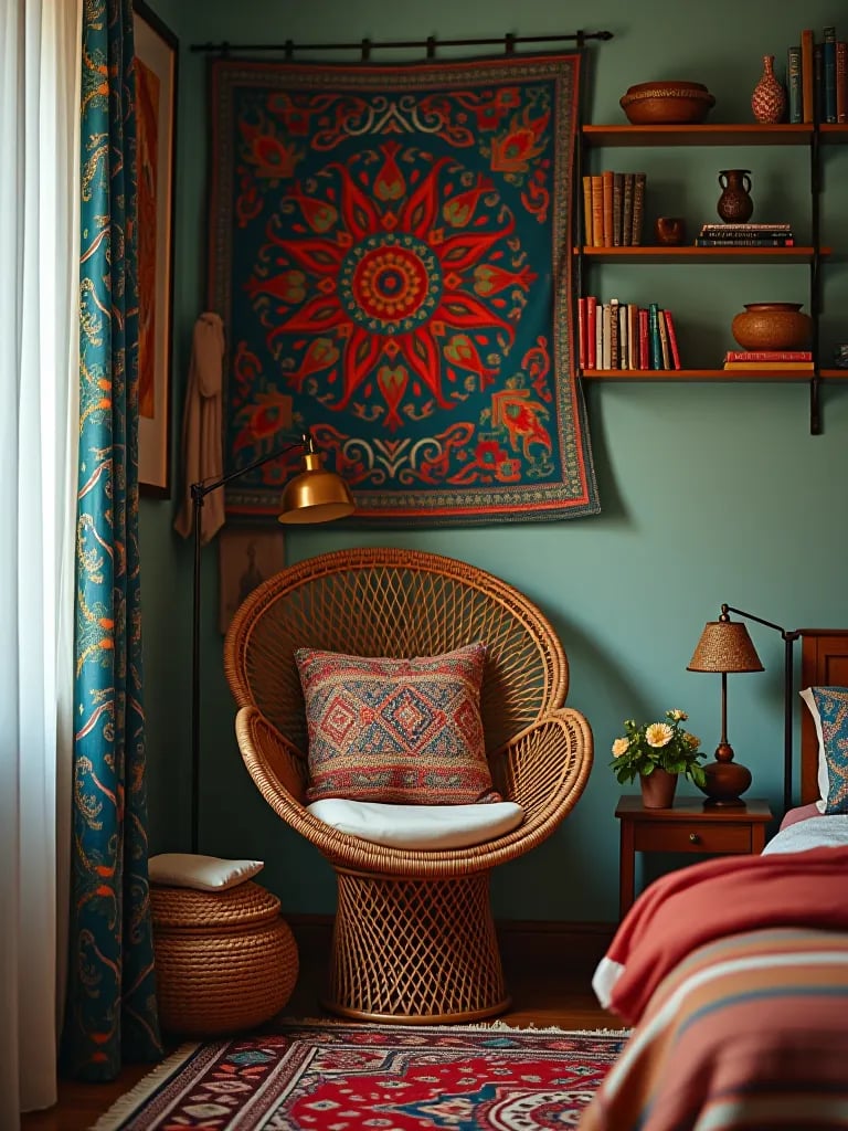 Eclectic boho shelving display with vintage items