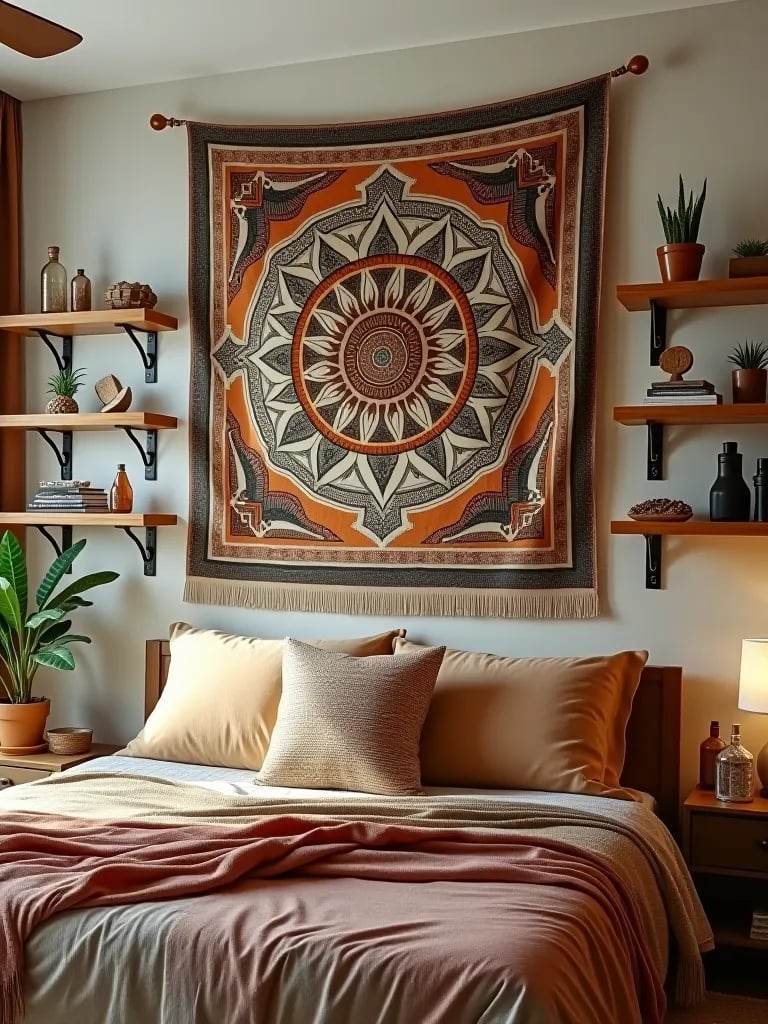Eclectic boho wall display with plants and crystals