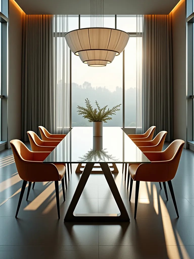 Eclectic mix of modern dining chairs around glass table