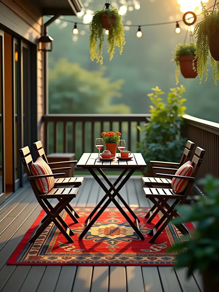 Eclectic small deck with layered rugs and boho decor