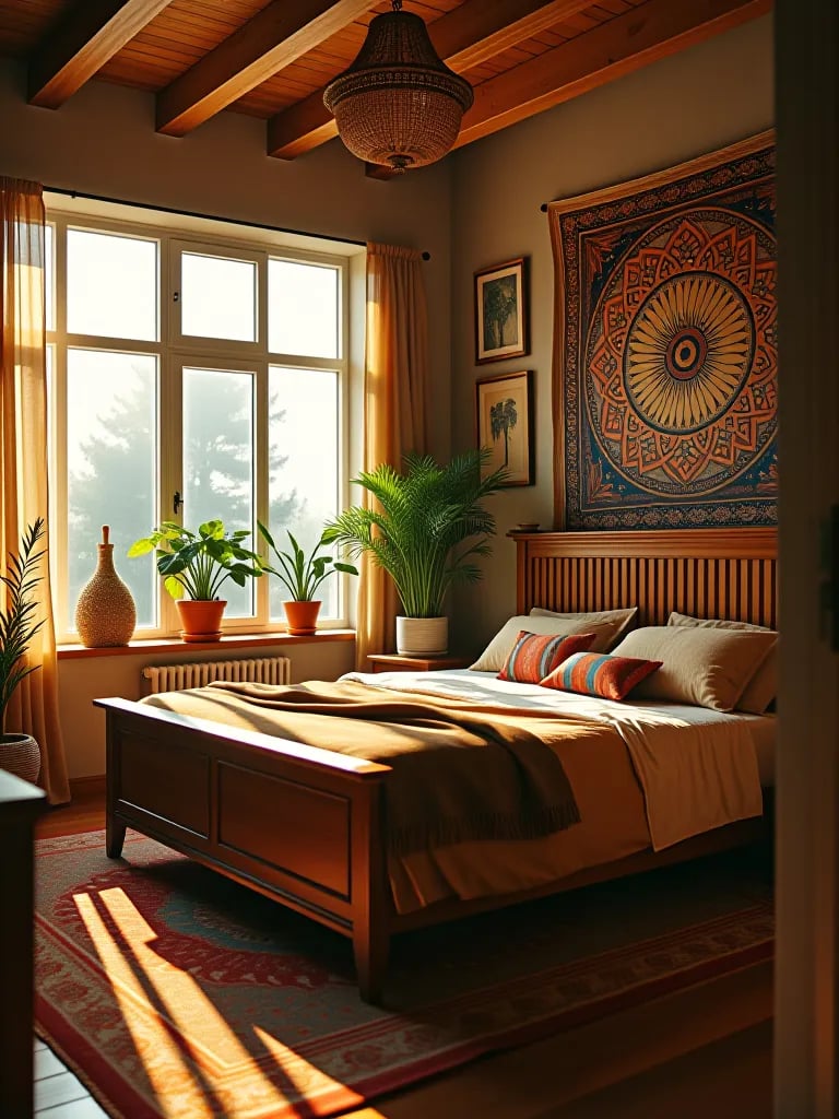 Eco friendly bohemian bedroom with sustainable furniture