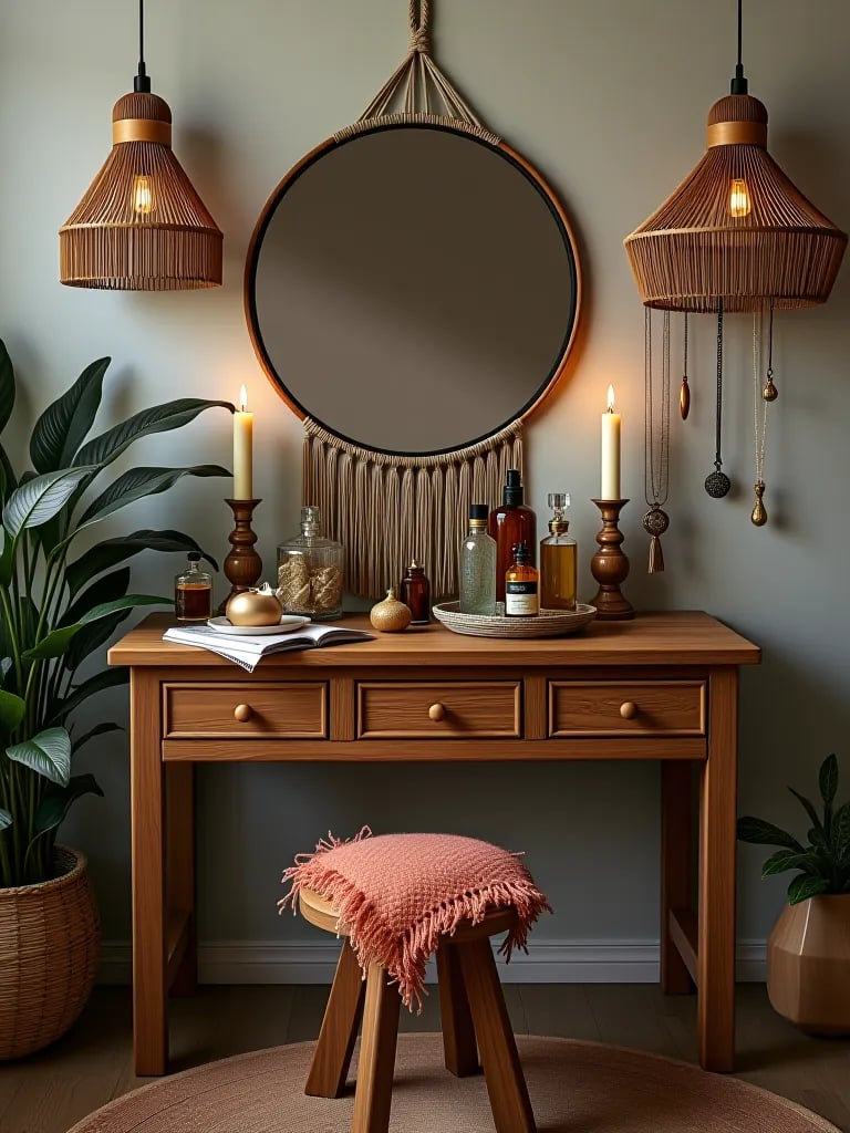 Eco friendly boho vanity area with vintage elements