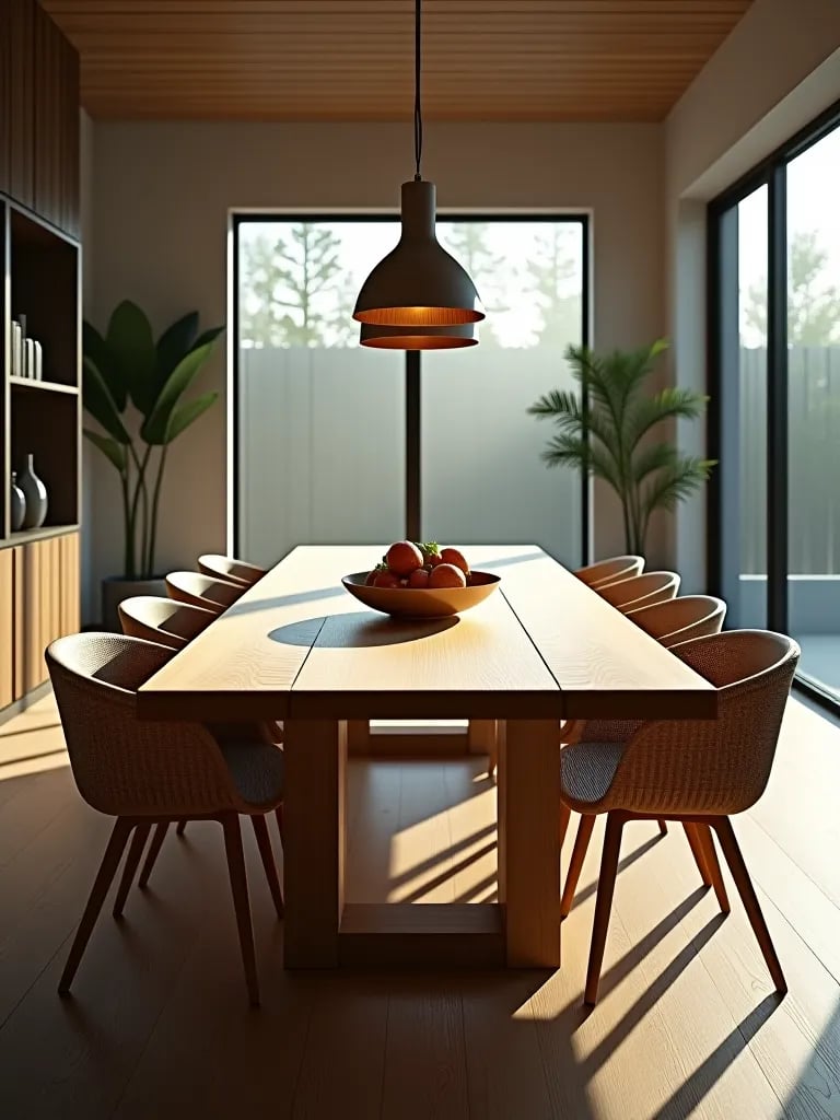 Eco friendly contemporary dining room with reclaimed wood table