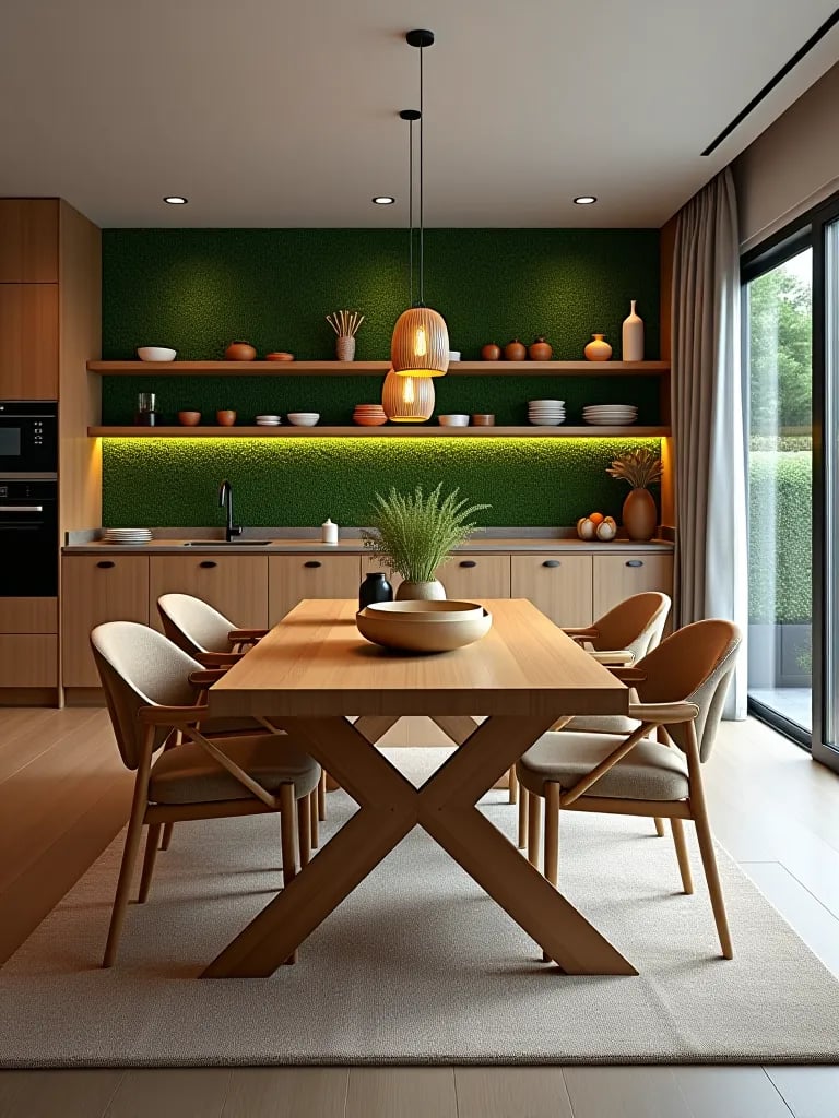 Eco friendly dining room with recycled glass lighting