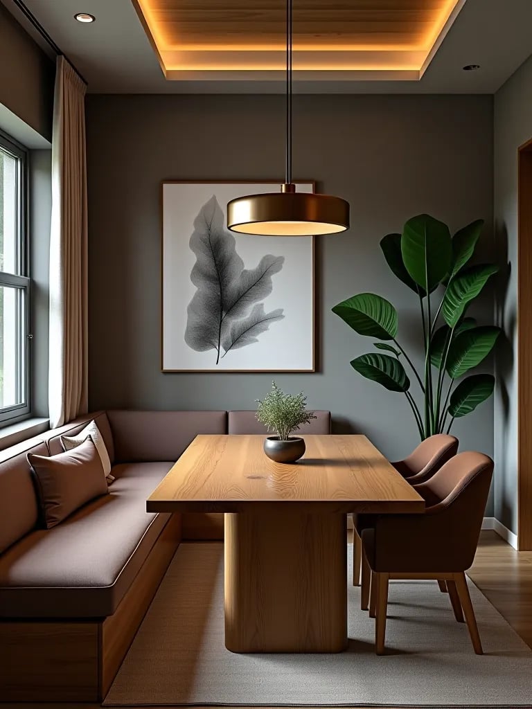 Efficient dining room layout with banquette seating