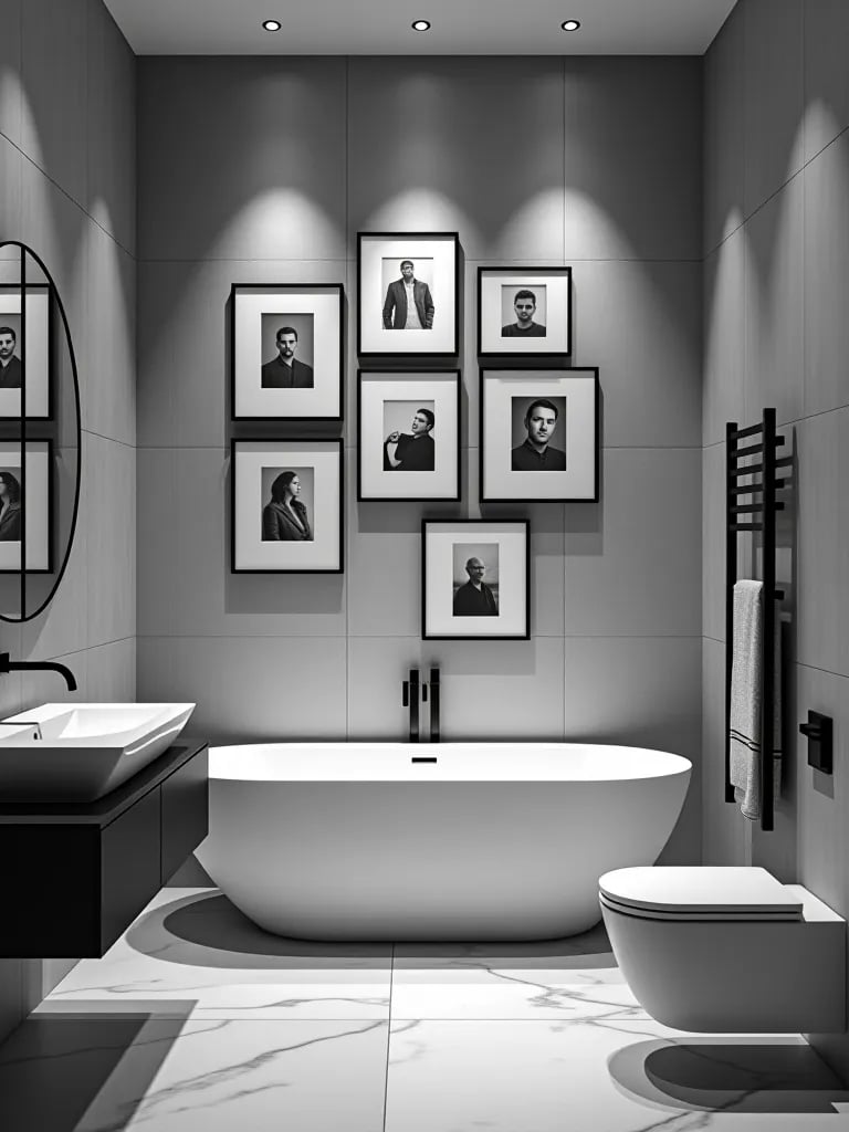 Elegant bathroom featuring black and white gallery wall