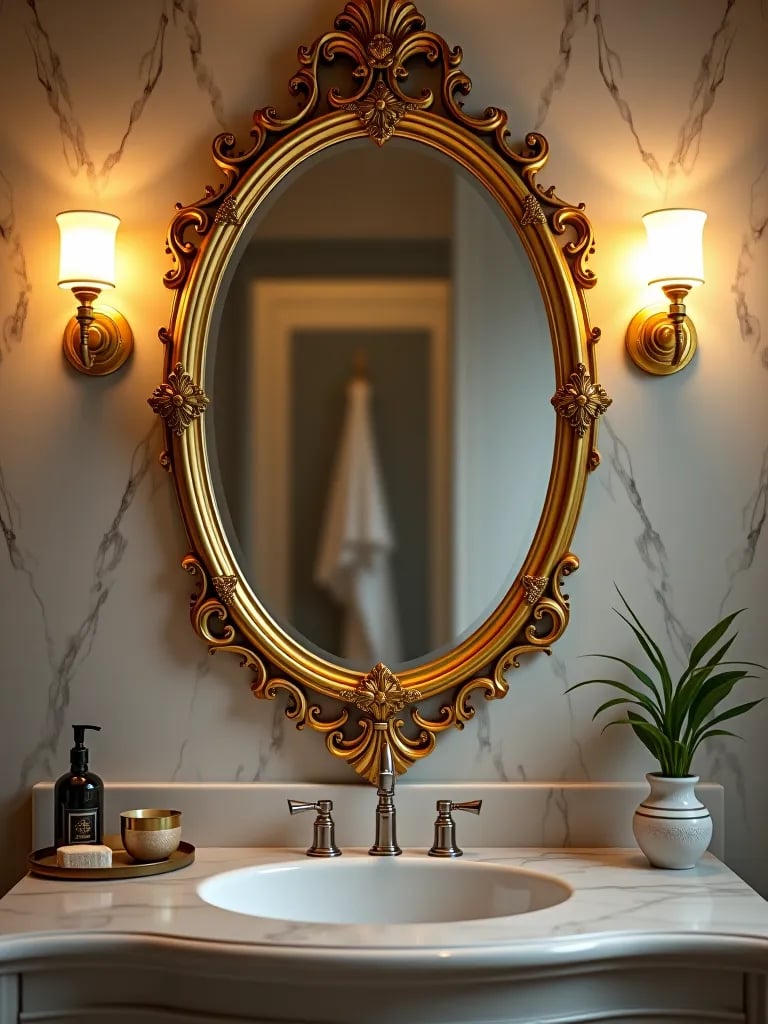 Elegant bathroom featuring ornate gold mirror on marble wall