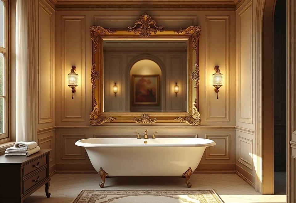 Elegant bathroom featuring ornate mirror as wall art